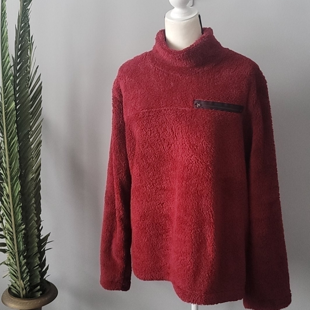 Cranberry colored plush pullover with faux zipper accent
